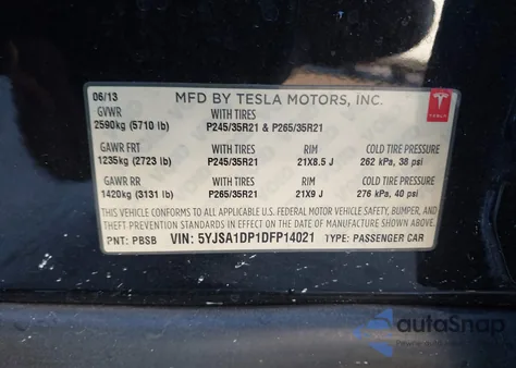 2013 Tesla Model S Performance из США, поврежденный, VIN 5YJSA1DP1DFP14021